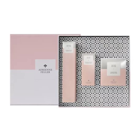 Adrienne Feller Rose de Luxe Hyaluron ajándékcsomag Rose de Luxe hyaluron arcpermet (50 ml), Rose de Luxe hyaluron szérum (15 ml), Rose de Luxe hidratálókrém (50 ml), díszdoboz 1 csomag 